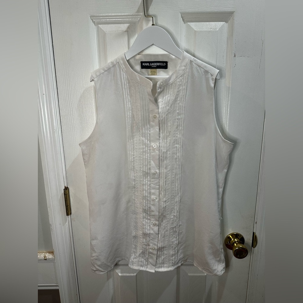 Karl Lagerfeld White Sheer Lace Sleeveless Button Down Blouse Small